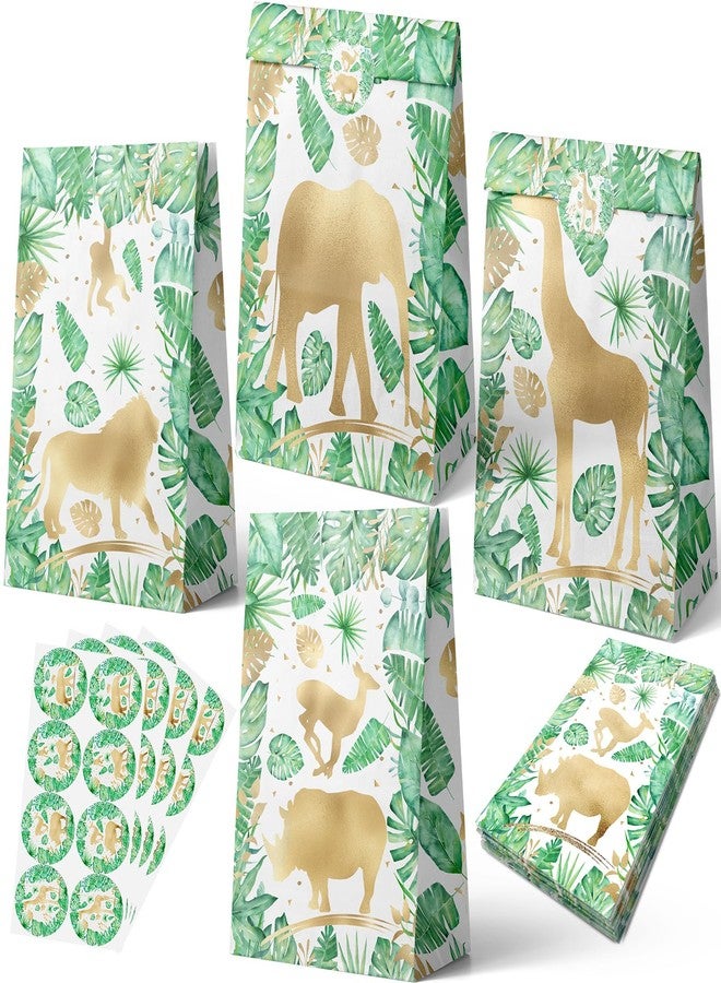 HaPiBiDesign 24 PCS Gold Safari Party Favor Bags with Stickers - Jungle Gold Party Candy Bags - Gold Safari Goodie Gift Treat Bags Gold Safari Themed Birthday Party Supplies - Image 1